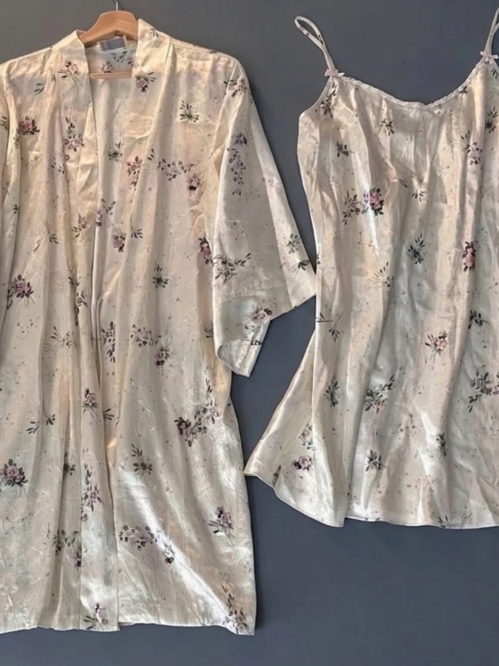 Vintage Expressions California Dynasty Cream Satin Floral Nightgown Set Lingerie